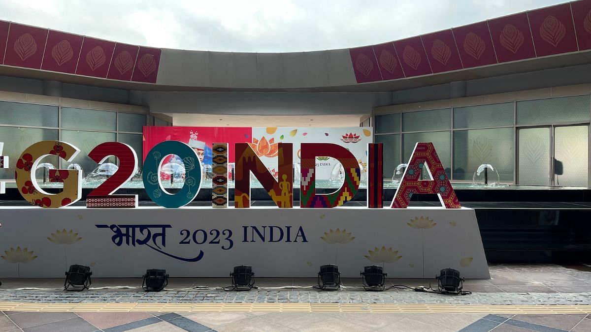 Large G20 India signs which mention 'Bharat' in Hindi in smaller text below| Photo: Pia Krishnakutty | ThePrint