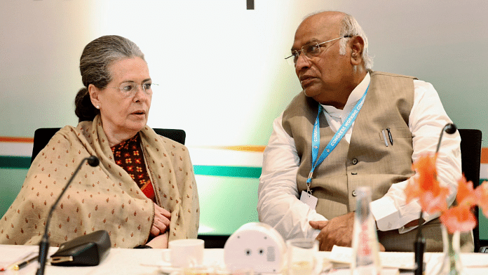 Congress Parliamentary Party Chairperson Sonia Gandhi with party president Mallikarjun Kharge during the extended Congress Working Committee Meeting, in Hyderabad on Sunday | ANI