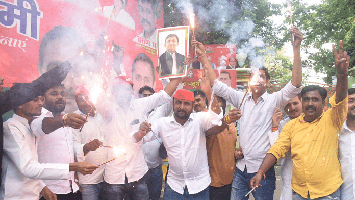 Samajwadi Party workers celebrate the party's win at Lucknow office | Credit: X/@samajwadiparty