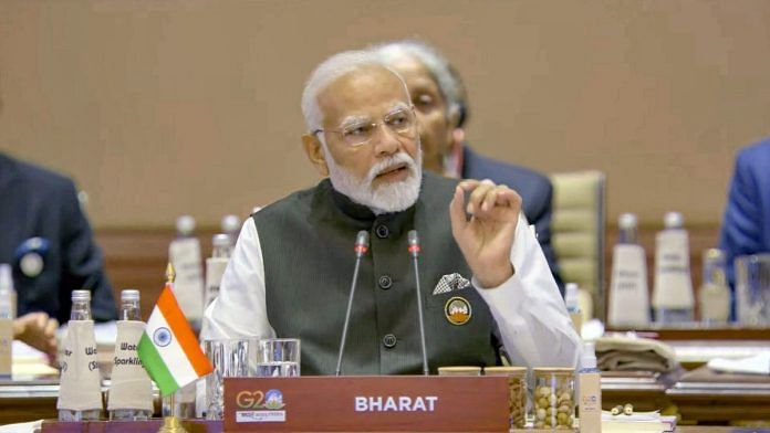 Prime Minister Narendra Modi at session-1 on 'One Earth' during the G20 Summit at the Bharat Mandapam convention center in New Delhi | PTI