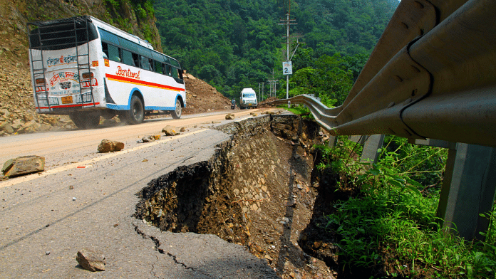 File photo of a damaged section of Char Dham National Highway after heavy rainfall in Uttarakhand's Rudraprayag | ANI