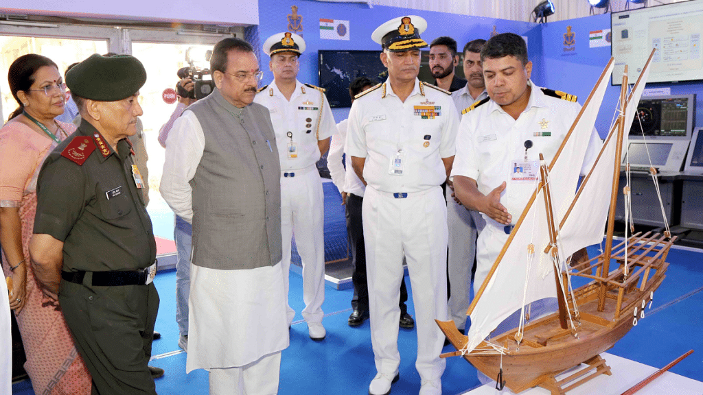 Ajay Bhatt, MoS for Defence, is briefed about Indian Navy's operational procedures at Naval Commanders' Conference in New Delhi | Twitter | @SpokespersonMoD