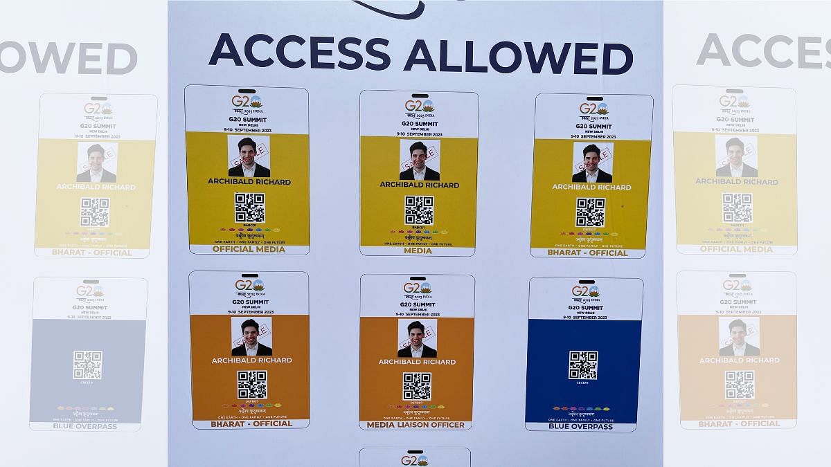 Badges of officials at the G20 Summit which read 'Bharat Official' instead of 'India Official' | Photo: Pia Krishnakutty | ThePrint