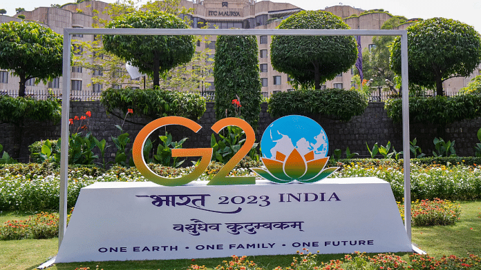G20 logo installed in front of ITC Maurya Hotel in preparation for the summit in New Delhi | PTI
