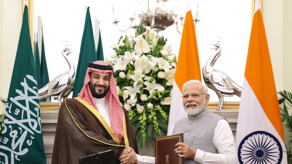 Prime Minister Narendra Modi and the Crown Prince of Saudi Arabia Mohammed bin Salman exchange agreements at Hyderabad House in New Delhi Monday | ANI photo