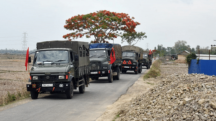 File photo of a convoy of Army and Assam Rifles vehicles conducting a flag march in an ethnic violence-hit area in Manipur | ANI