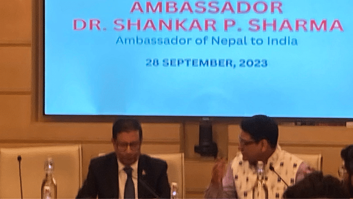 Ambassador of Nepal to India Dr. Shankar Prasad Sharma and Harsh V. Pant at the 'Diplomatic Diaries' event | Keshav Padmanabhan | ThePrint