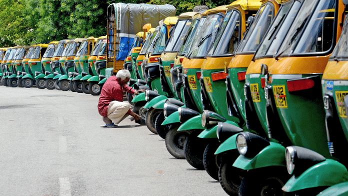 A row of auto rickshaws parked during Bandh called by Karnataka State Private Vehicles, in Bengaluru on Monday | ANI