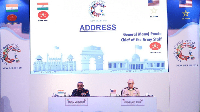 Indian Army chief General Manoj Pande and his US counterpart General Randy George address a joint press conference before the opening ceremony of IPACC 2023 | Pic credit: X/@adgpi