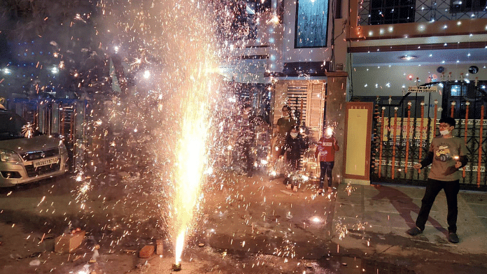 File photo of people bursting firecrackers to celebrate Diwali festival in Gurugram | ANI