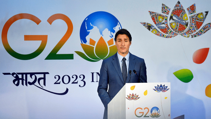 Canadian Prime Minister Justin Trudeau at a press conference on the G20 Leaders' Summit in New Delhi | ANI