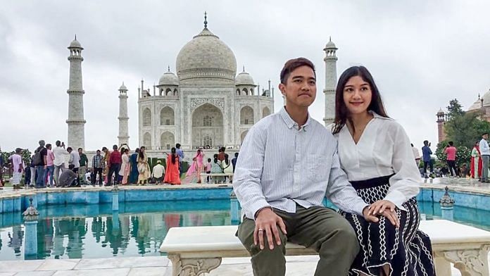 Indonesian President Joko Widodo's son Kaesang Pangarep and daughter-in-law Erina Gudono pose for a picture during their visit to the Taj Mahal | Photo: ANI
