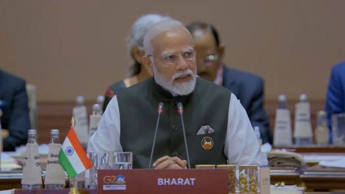 A screenshot of PM Modi's place card during his inaugural address, which read 'Bharat' in English.