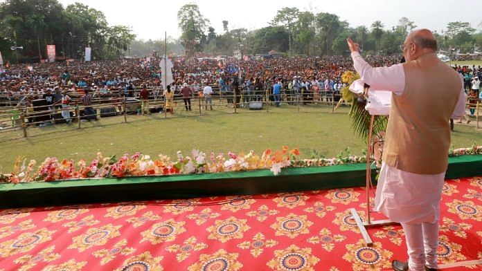 File photo of Home Minister and BJP leader Amit Shah speaking at an election rally in Dhupguri | ANI