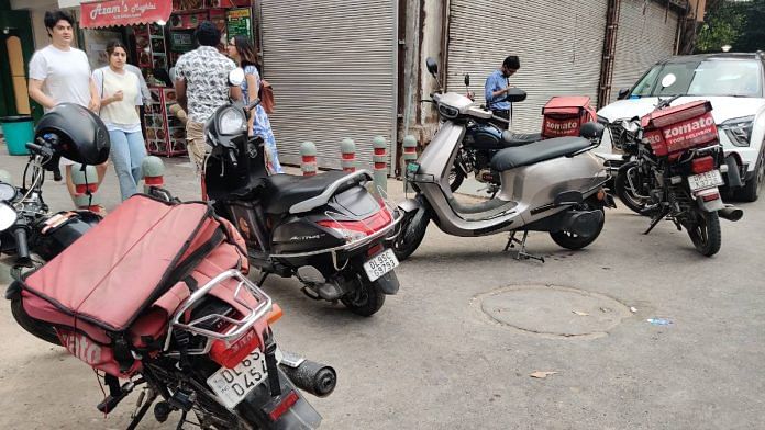 Bikes of food delivery executives parked in Delhi's Khan Market Thursday | Photo: Keshav Padmanabhan | ThePrint