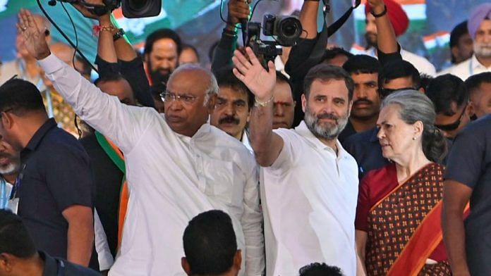 Mallikarjun Kharge, Rahul Gandhi and Sonia Gandhi at the Vijaya Bheri rally Sunday | ANI