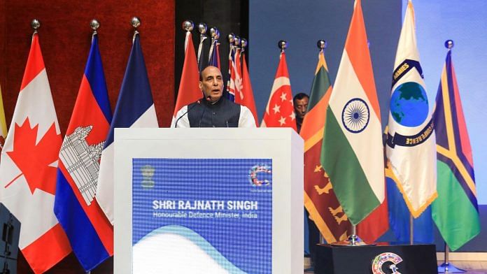 Union Defence Minister Rajnath Singh addresses the 13th Indo-Pacific Armies Chiefs' Conference (IPACC), in New Delhi, Tuesday, Sept. 26, 2023. (PTI Photo)