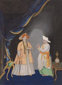 Maharaja Serfoji II accompanied By his minister, Thanjavur School, Tamil Nadu, India, c. 1800, Opaque watercolour with raised gold on paper, 59.7 × 43.8 cm | Image courtesy of The Metropolitan Museum of Art