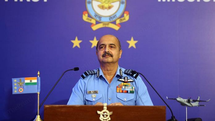 Chief of Air Staff Air Chief Marshal VR Chaudhari addresses a press conference ahead of the 91st Air Force Day celebrations in New Delhi on Tuesday | ThePrint/ Suraj Singh Bisht