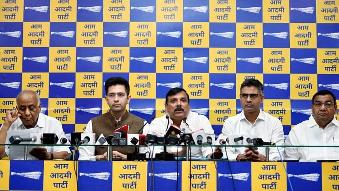 Aam Aadmi Party MP Sanjay Singh along with party MP Raghav Chadha addresses during a press conference in Delhi | Representational image | ANI file photo