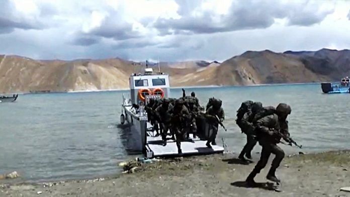 File image of the Indian Army showcasing the capability of a Landing Craft Assault deployed at Pangong lake in 2022 | ANI