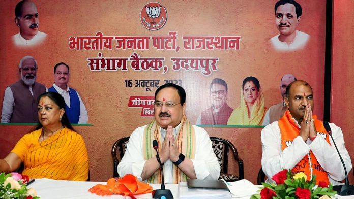 BJP National President JP Nadda with Rajasthan Party Chief CP Joshi and party National Vice President Vasundhara Raje in Udaipur | ANI file photo