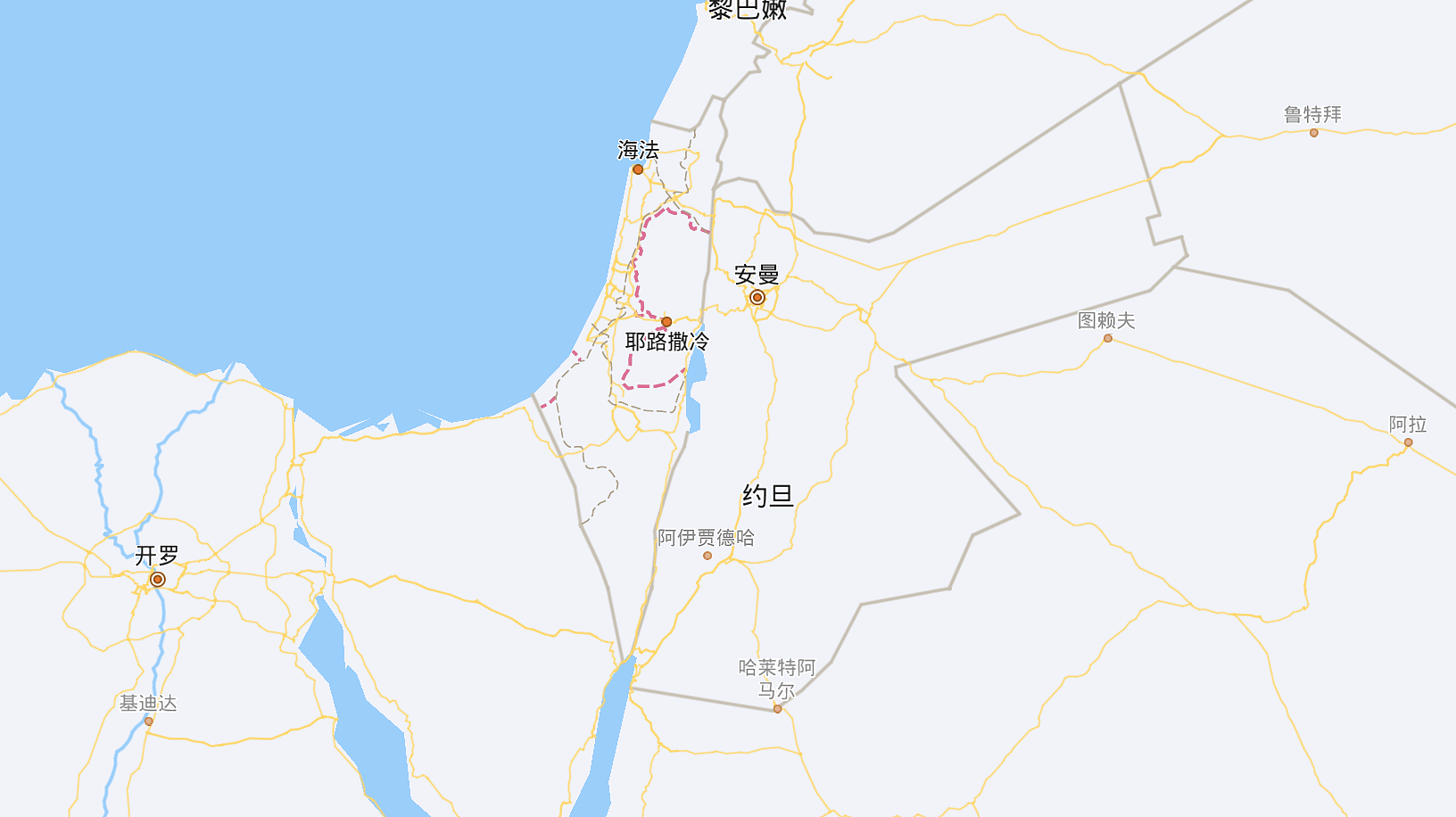 Baidu map demarcates borders and labels and labels cities, but no names are given for Israel or Palestinian territories as a whole | Screenshot