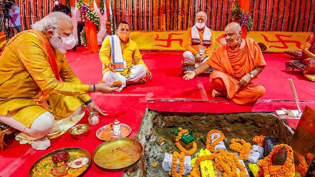 Prime Minister Narendra Modi, RSS chief Mohan Bhagwat and others at Bhoomi Pujan ceremony at the temple site in Ayodhya in August 2020 | Photo: PTI