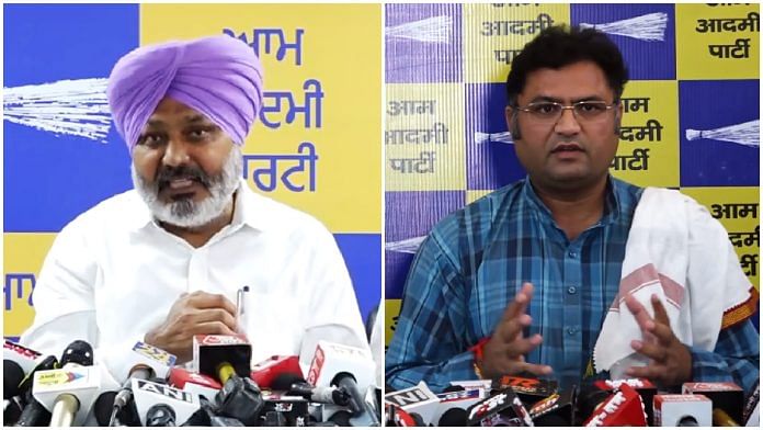 AAP's Harpal Singh Cheema (R) and Ashok Tanwar (L) holding seperate press conferences, Thursday | X @AAPPunjab / @AAPHaryana