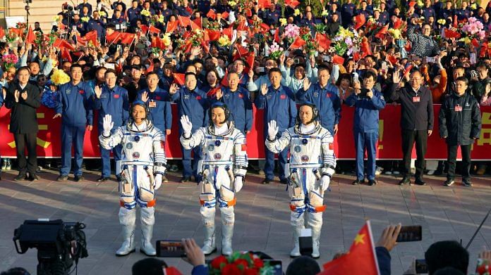 Chinese astronauts Tang Hongbo, Tang Shengjie & Jiang Xinlin attend a see-off ceremony before the launch at Jiuquan Satellite Launch Center near Jiuquan, Gansu province, on 26 October 2023 | China Daily via Reuters