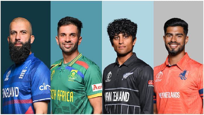 (From left) England's Moeen Ali, South Africa's Keshav Maharaj, New Zealand's Rachin Ravindra and Netherlands's Aryan Dutt | Pic courtesy: https://www.cricketworldcup.com/
