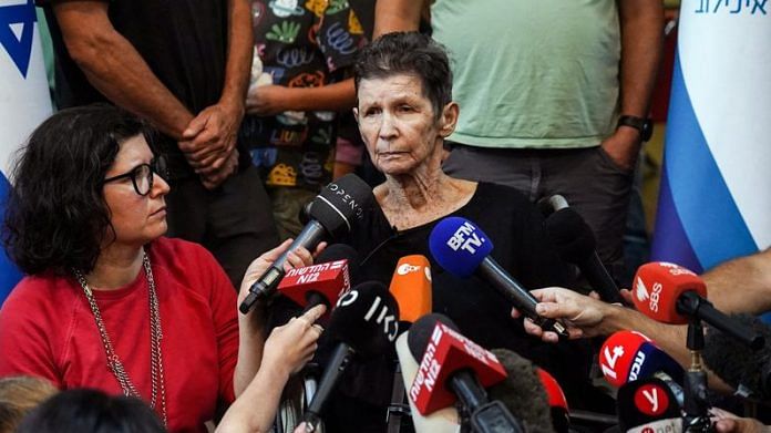 Yocheved Lifshitz, 85, speaks to members of the press after being released by Hamas militants, at Ichilov Hospital in Tel Aviv, Israel, on 24 October 2023 | Reuters