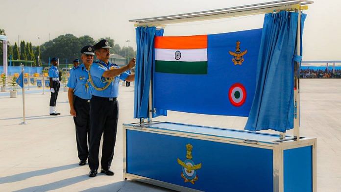 Air Marshal V.R. Chaudhari unveils the new IAF ensign Sunday | Photo: X/@IAF_FCC