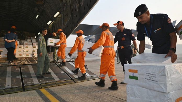 An IAF C-17 flight carrying medical aid and disaster relief material departs for El-Arish airport in Egypt | Photo: X, @MEAIndia