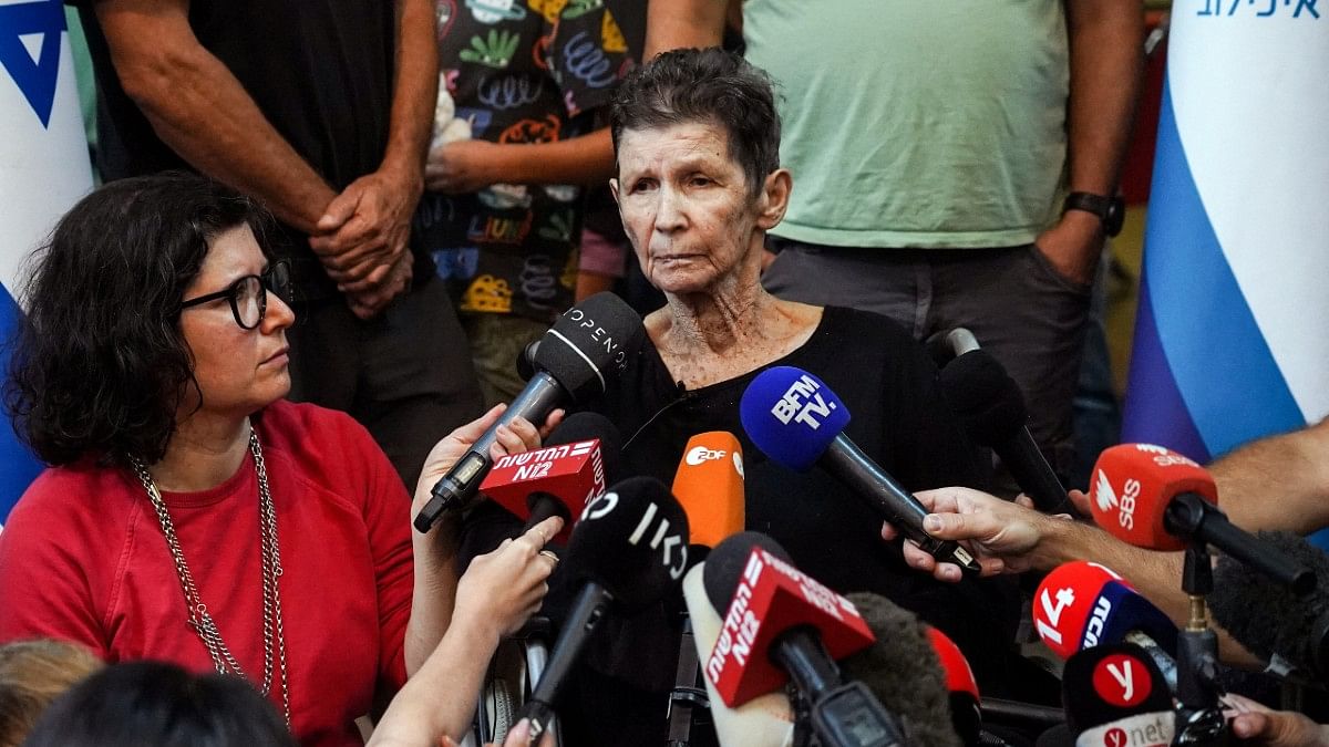 Yocheved Lifshitz, 85, who was held hostage in Gaza, speaks to the press after being released by Hamas militants, at Ichilov Hospital in Tel Aviv, on 24 October 2023 | Reuters/Janis Laizans