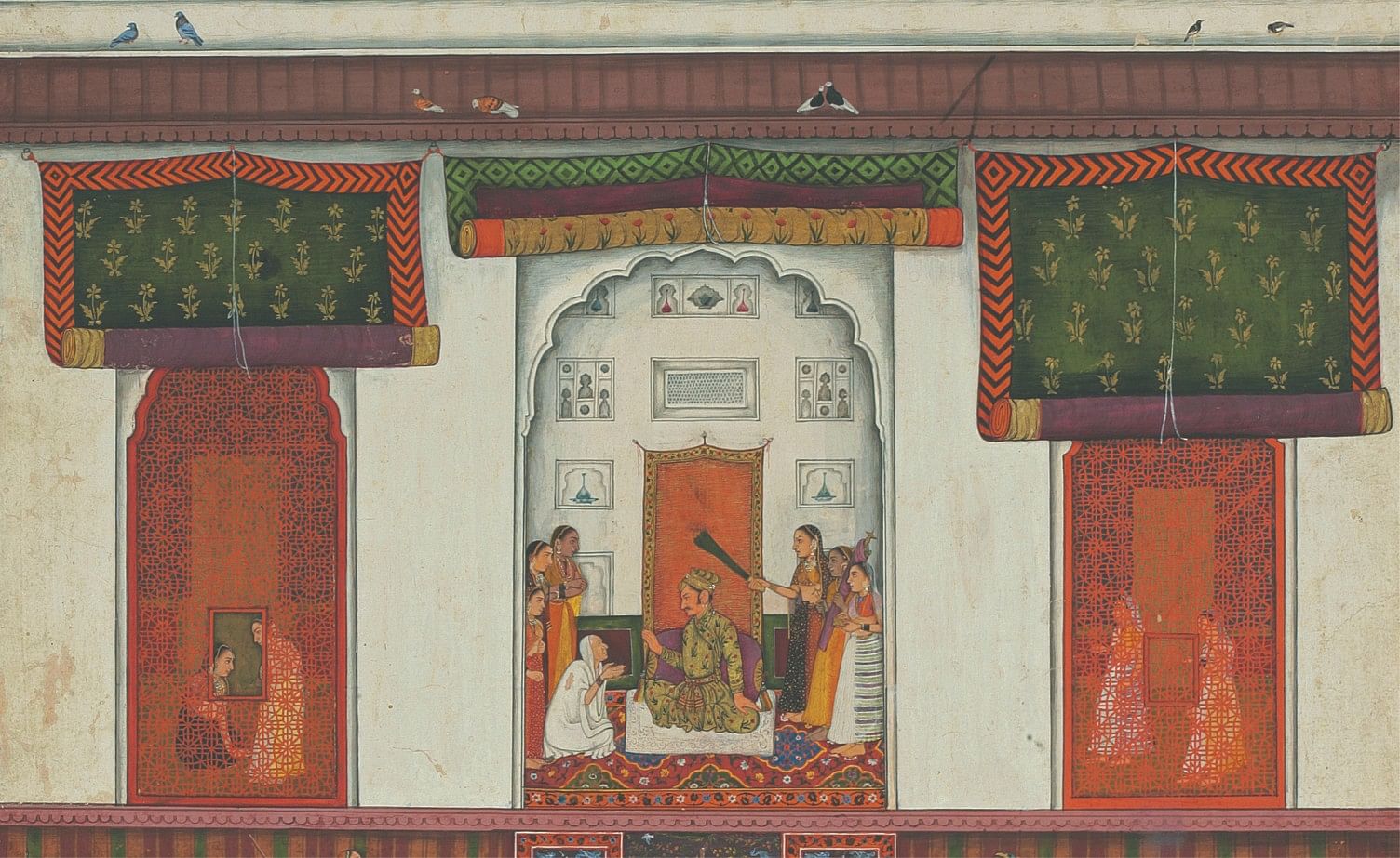 FIG. 1 Raja Kansa listens to the prophecy of an old duenna, folio (detail) from Bhagavata Purana series, Mandi, c. 1635–50 | Image credit: Private collection