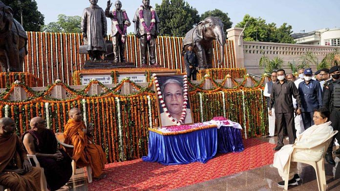 BSP chief Mayawati pays tribute to party founder Kanshi Ram on his death anniversary Monday in Lucknow | Photo: PTI