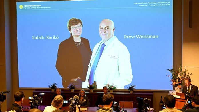 Katalin Kariko and Drew Weissman win the 2023 Nobel Prize in Physiology or Medicine at the Karolinska Institute in Stockholm, Sweden, on 2 October 2023 | TT News Agency/via Reuters