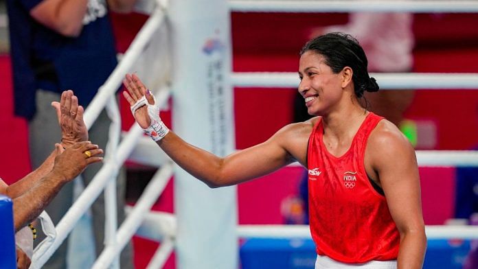 Lovlina Borgohain during the final match of women's 66kg-75kg category boxing event against China's Li Qian at the 19th Asian Games, in Hangzhou, China, Wednesday | PTI Photo/Gurinder Osan