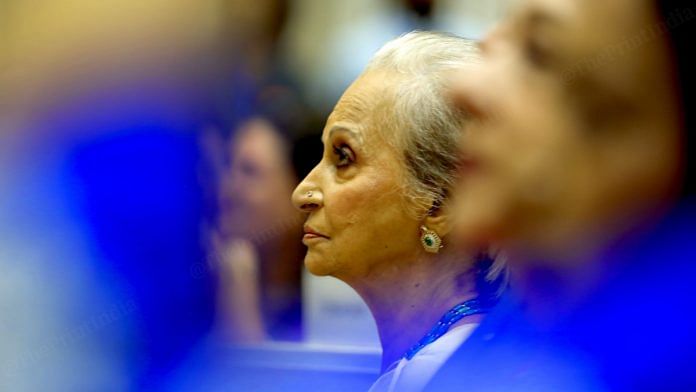 Waheeda Rehman watching a montage of her film journey before she receives the Dadasaheb Phalke Lifetime Achievement Award at the 69th National Film Awards in New Delhi | Praveen Jain | ThePrint