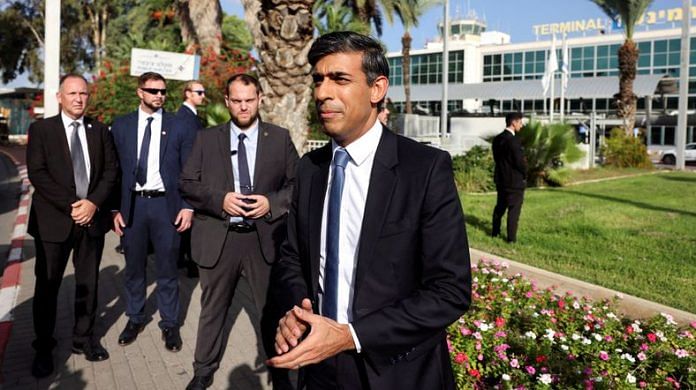 British PM Rishi Sunak speaks to the media after landing at Ben Gurion international airport in Lod, Near Tel Aviv, Israel | Reuters