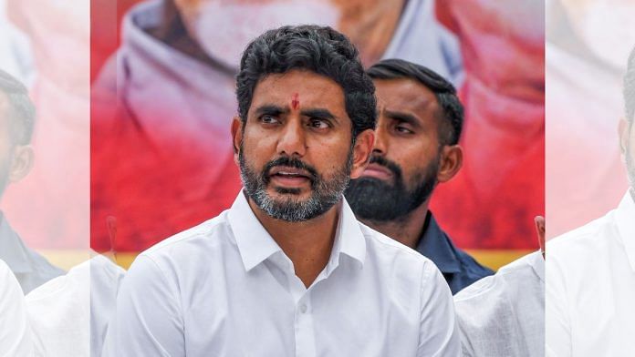 TDP National General Secretary Nara Lokesh participates in a hunger strike in Delhi against the arrest of party chief and former chief minister of Andhra Pradesh N. Chandrababu Naidu in an alleged Skill Development Corporation case, 2 Oct | Photo: ANI