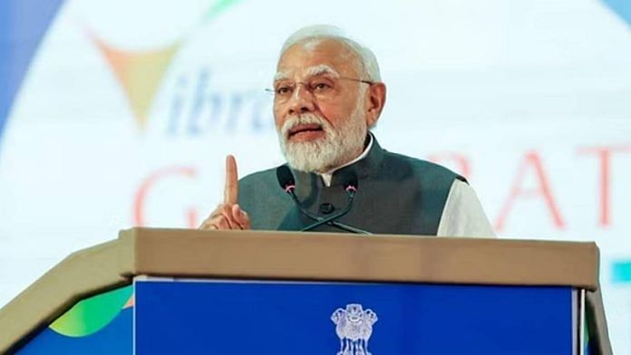 Prime Minister Narendra Modi addresses a programme marking 20 years of ‘Vibrant Gujarat Global Summit’ in Ahmedabad last month | Photo: PTI
