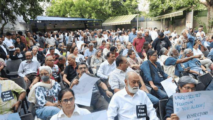 Journalists stage a protest against the arrest of NewsClick founder and editor-in-chief Prabir Purkayastha and Human Resources head Amit Chakraborty, at the Press Club, New Delhi, Wednesday | Manisha Mondal | ThePrint