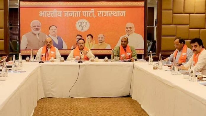 BJP chief J.P. Nadda along with Union home minister Amit Shah at a meeting of the Rajasthan party unit last month | Photo: X/@BJP4Rajasthan