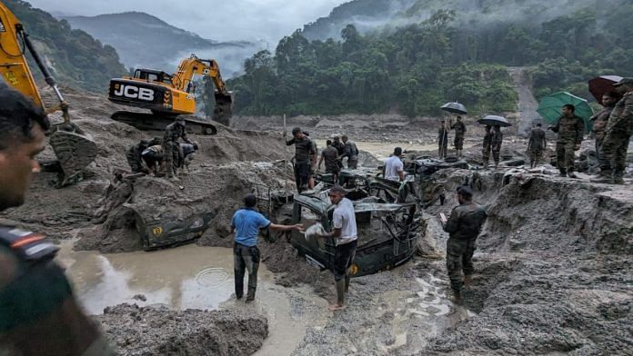 Submerged vehicles being dug out after flash floods in Sikkim | Photo courtesy: Indian Army