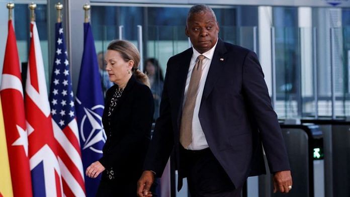 US Secretary of Defense Lloyd Austin III arrives to take part in a NATO Defence Ministers' meeting at the Alliance's headquarters in Brussels, Belgium October 11, 2023. REUTERS/Johanna Geron