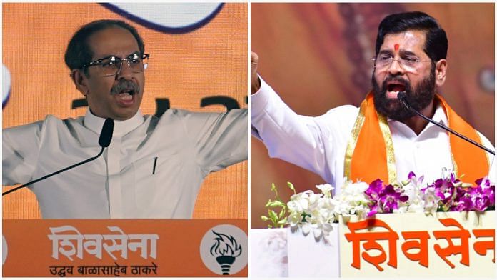 Shiv Sena (UBT) chief Uddhav Thackeray (L) and Maharashtra CM Eknath Shinde (R) addressing Dussehra rallies, Tuesday | ANI
