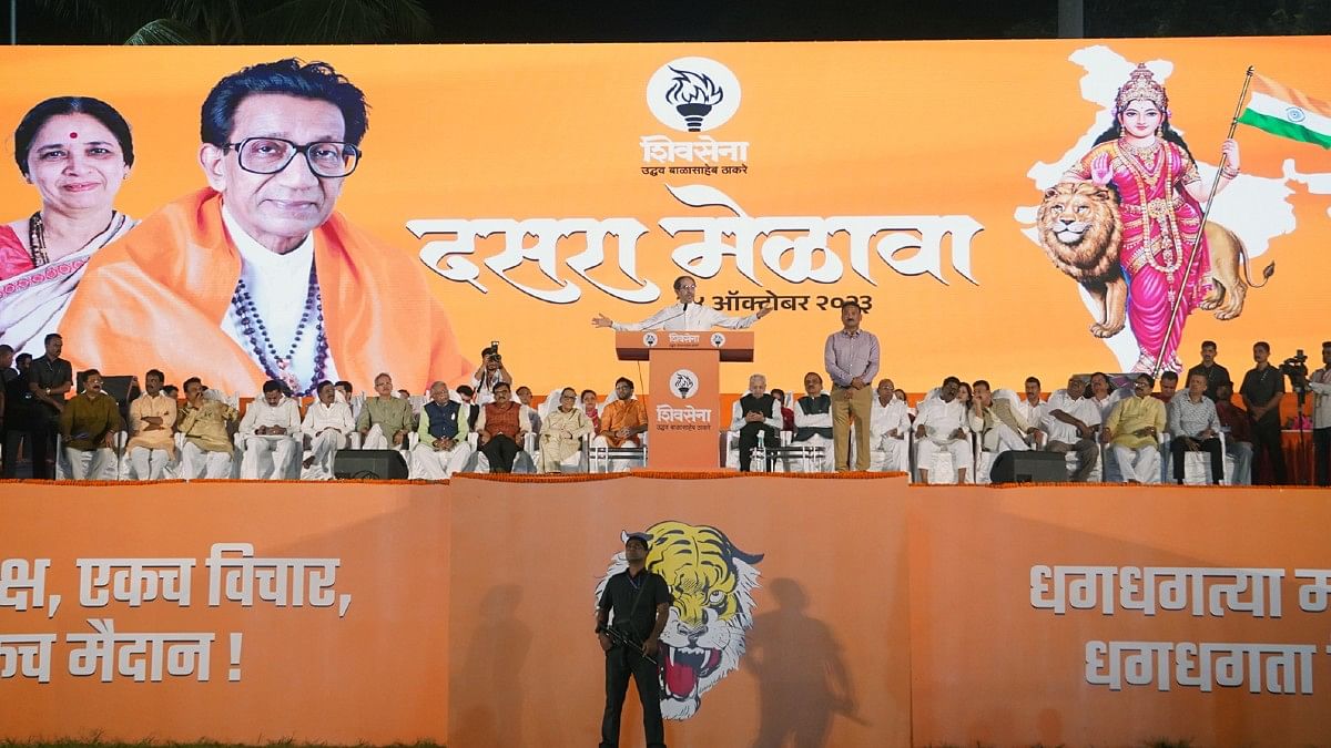 Shiv Sena (UBT) chief Uddhav Thackeray addressing Dussehra rally at Shivaji Park in Mumbai, Tuesday | ANI
