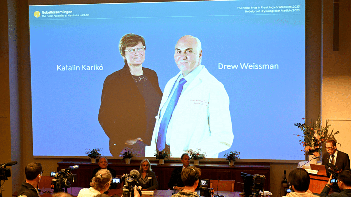 Katalin Karikó and Drew Weissman win the 2023 Nobel Prize in Physiology or Medicine at the Karolinska Institute in Stockholm, Sweden | TT News Agency/via REUTERS
